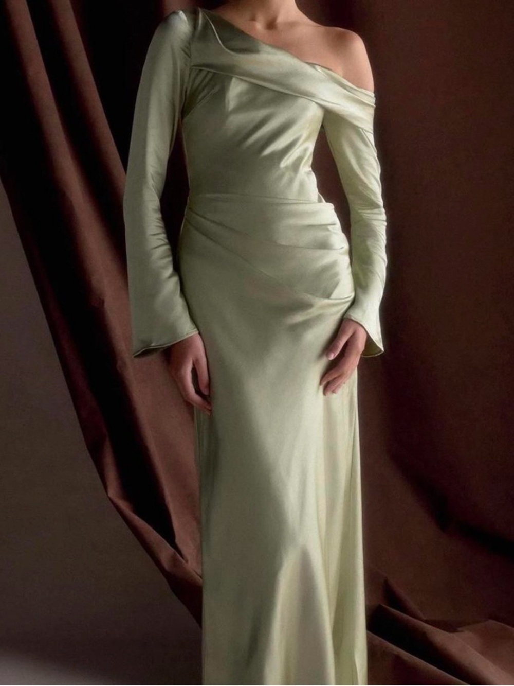 Meshki Iris One-Shoulder Sage Green Evening Dress